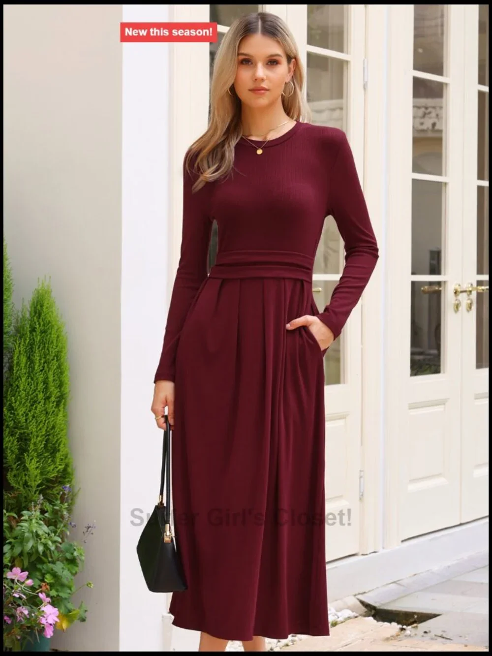 Long Sleeve Maxi Dress A-Line Crew Neck Pleated Formal Casual